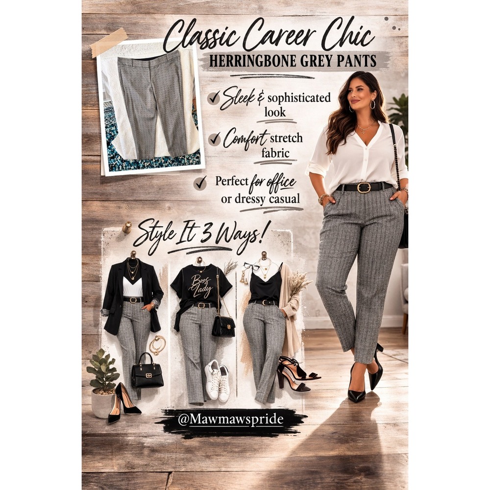 CLASSIC CAREER CHIC ane Bryant Womens Black Grey Herringbone Pants Size 18R